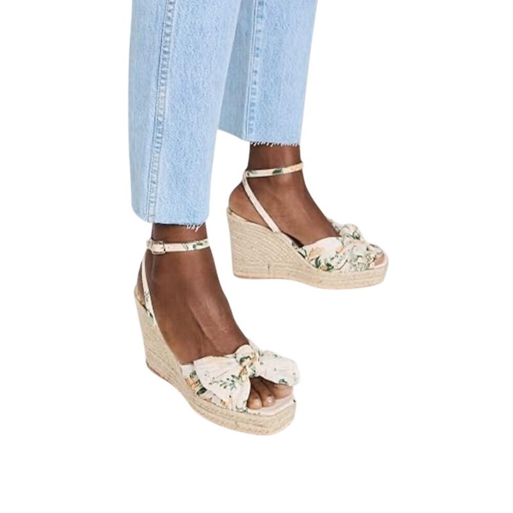 Loeffler Randall (7/37) Peri Nova Floral Pleated Knot Espadrille Wedge Sandals